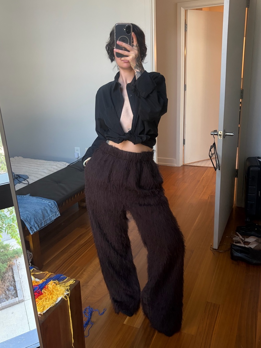 The Frankie Shop Baxter Dark Brown Faux-Fur Wide Leg Pants